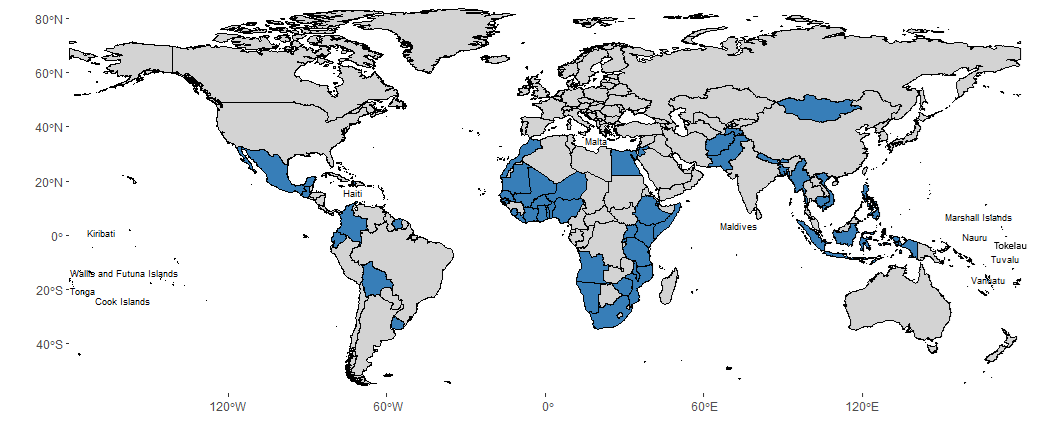 World map, where the countries covered in the DS-E database are indicated in blue. Small island countries are labelled. The countries are East Asia and the Pacific, in Latin America and the Caribbeans, Middle East and North Africa, Sub-Saharan Africa, South Asia.